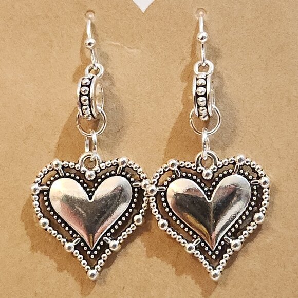 Bright Silver Puffed Heart Earrings - Picture 3 of 7